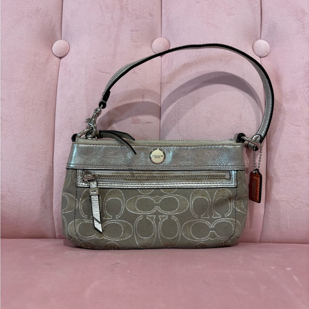 Coach Silver and Gray Shoulder Bag with Monogram Design